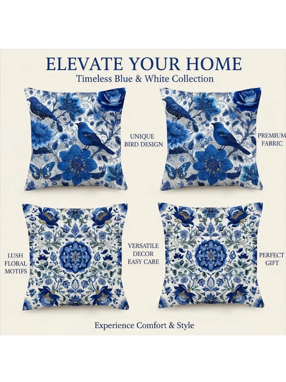 Blue Floral & Bird Decorative Throw Pillow Set - Pack of 4